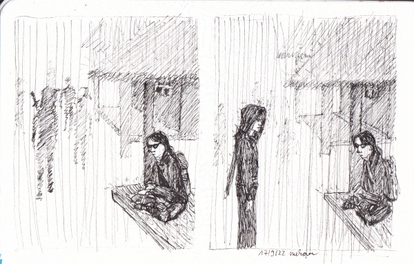 two panels, man sitting on a porch in the rain, another man approaching